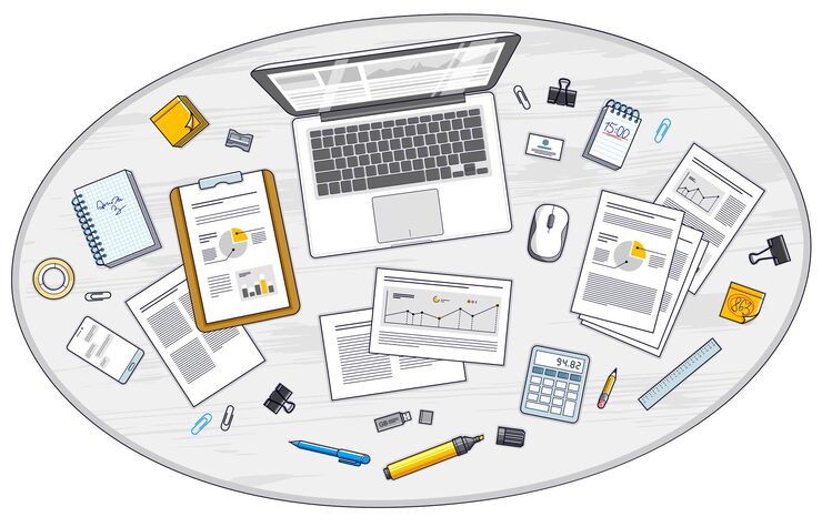 Vector work desk workspace top view with pc notebook and analytics papers with graphs and data and stationery objects on table. all elements are easy to use separately or recompose illustration. vector.