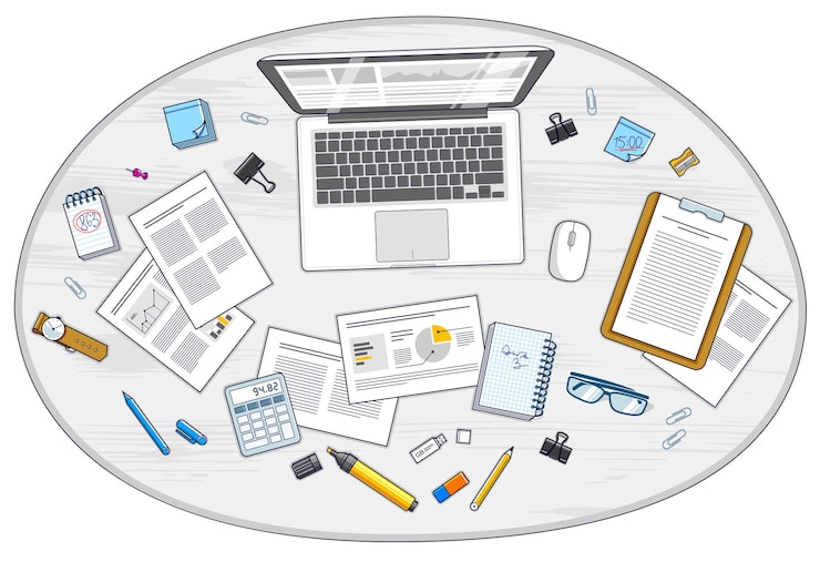 Vector work desk workspace top view with pc notebook and analytics papers with graphs and data and stationery objects on table. all elements are easy to use separately or recompose illustration. vector.