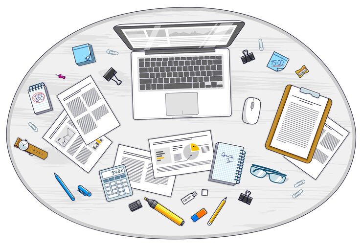 Vector work desk workspace top view with pc notebook and analytics papers with graphs and data and stationery objects on table. all elements are easy to use separately or recompose illustration. vector.