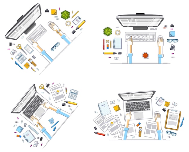 Work desks workspaces top view with hands of office workers or entrepreneurs, PC computers and a lot of different stationery objects on tables. All elements are easy to use separately. Vector set.