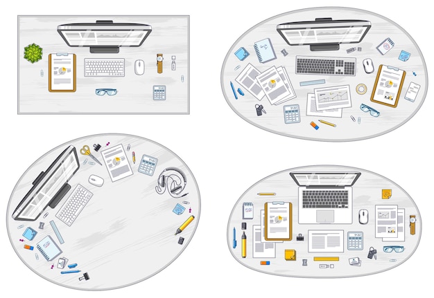 Vector work desks workspaces top view with pc or laptops and a lot of different stationery objects and analytics documents on tables, look above. all elements are easy to use separately. vector set.