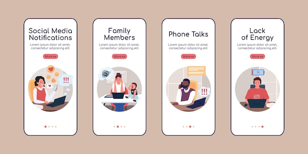 Work distractions onboarding mobile app screen flat vector template