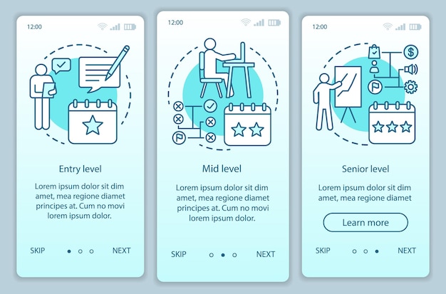 Work experience turquoise onboarding mobile app page screen vector template. Entry, mid, senior level. Walkthrough website steps with linear illustrations. UX, UI, GUI smartphone interface concept