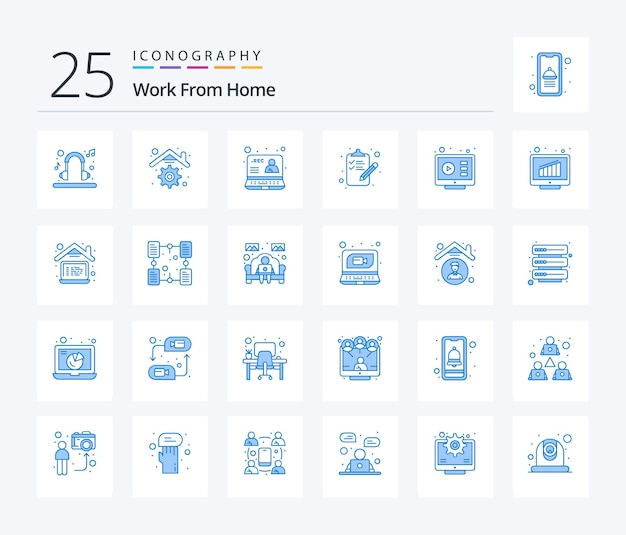 Work from home 25 blue color icon pack including communication task recording done web