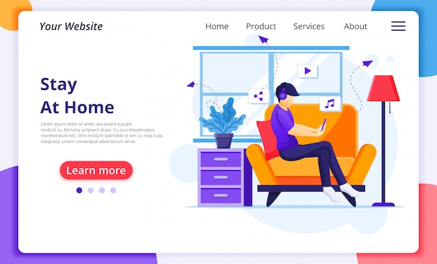 Work from home concept, a man sitting on sofa listening music, stay home on quarantine during the coronavirus epidemic. website bestemmingspagina ontwerpsjabloon