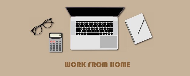 Work from home concept. Calculator, Copy, Pen, Laptop.