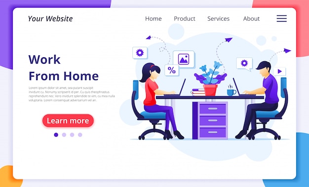 Work from home concept, people sitting at desk and work on laptop. stay at home on quarantine during the coronavirus epidemic. website landing page design template