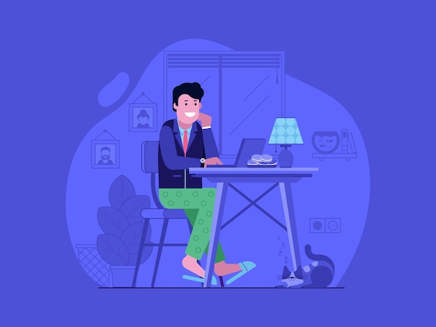 Work from home concept with happy freelancer man in suit and pajama working remotely