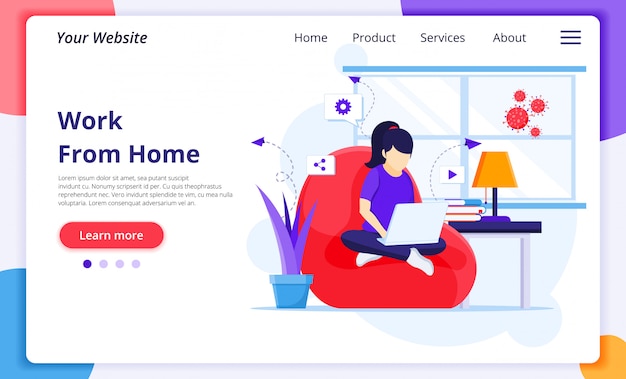 Work from home concept, A Woman work on laptop, Self quarantine during the Coronavirus Epidemic. website landing page design template