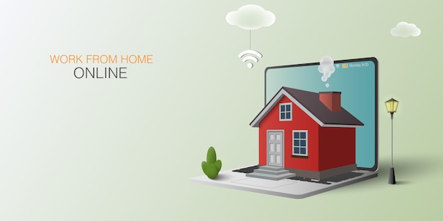 가정 개념에서 작동합니다. 온라인 작업. 노트북과 빨간 집입니다.