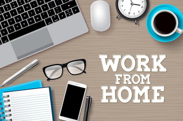 Vector work from home desk vector background work from home text with remote online business elements