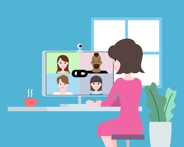 Vector work from home illustration, video call group conference online communication.