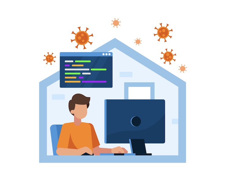Vector work from home illustration with coronavirus flying outside the house