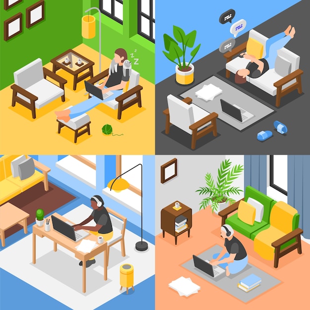 work from home illustrations in isometric view
