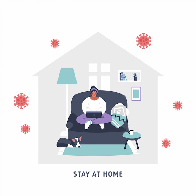 Vector work from home - remote work online icon, sign - coronavirus quarantine preventive measures for social distancing - person working on laptop at home