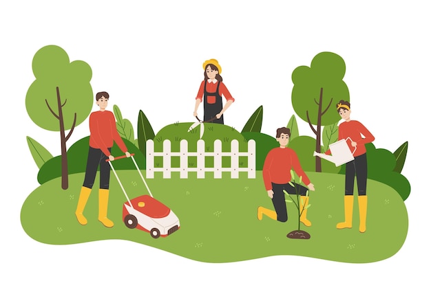 Work in garden Cartoon people take care of yard Couple planting and watering trees Woman trimming green bushes Man mowing grass with lawn mower Vector gardeners do agriculture job