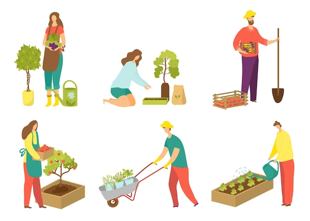 Work in garden set vector illustration isolated on white people character at gardening flat person w...