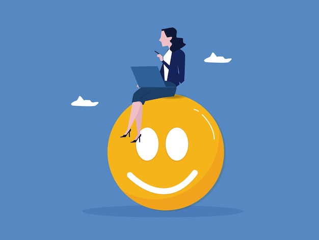 Vector work happiness or job satisfaction passion or enjoyment working with company employee wellbeing concept happy businesswoman working with computer on smiling face vector illustration