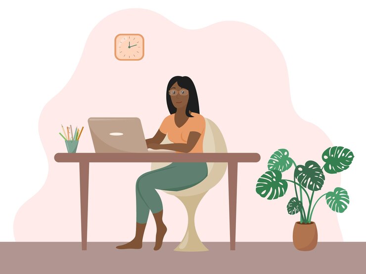 Vector work at home. african american woman working or studying with laptop remotely. home office concept