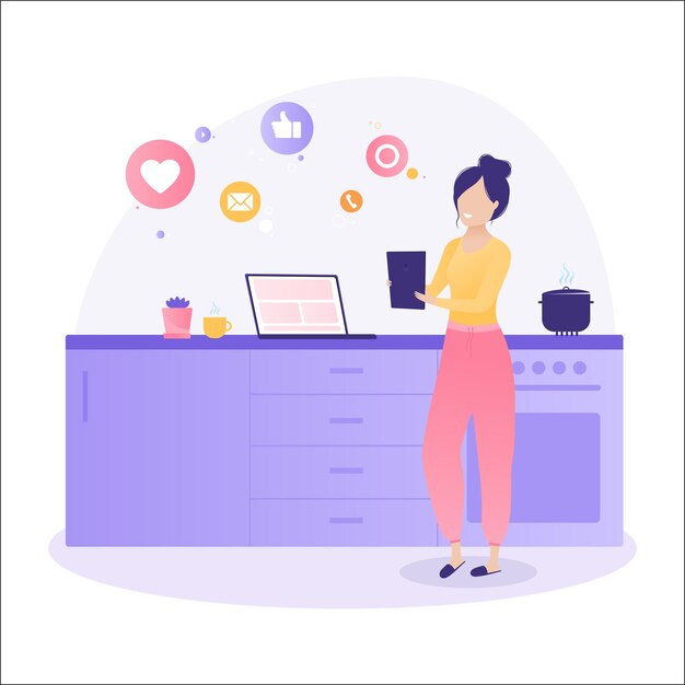 Work at home concept design Freelance working on laptop at her house dressed in home clothes Vector