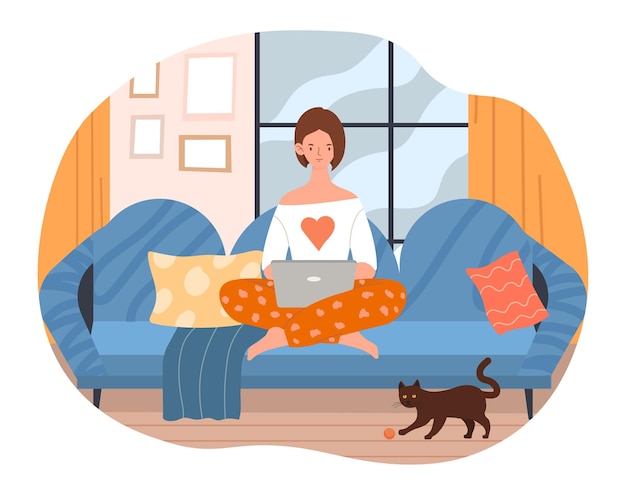 Vector work at home concept woman sitting on comfortable sofa and working on laptop remote work or