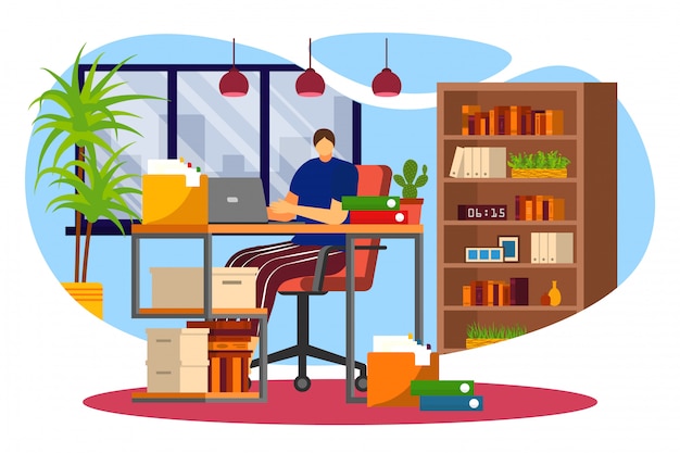 Vector work at home, freelance, young adult woman working at laptop in internet  illustration. freelancer female character worker at home office. remote work. cosy interior with book shelves.