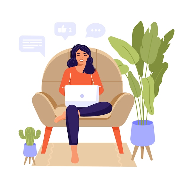 Vector work at home illustration design. freelance woman sitting in chair and working on laptop.