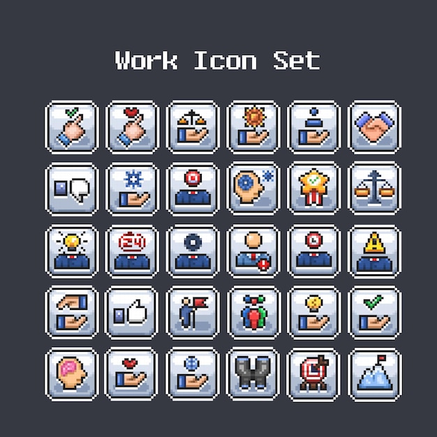 Vector work icon set in pixel art style