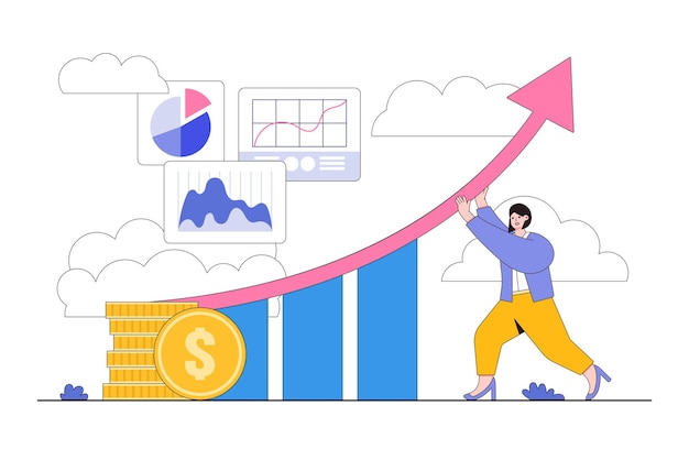 Miglioramento del lavoro, crescita della carriera o prestazioni al fine di ottenere progressi di successo o concetti di sfida la donna d'affari cambia la direzione della freccia sul grafico a barre del miglioramento delle prestazioni