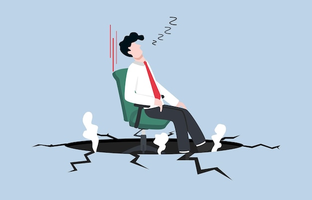 Inefficienza del lavoro o concetto di procrastinazione dipendente che dorme su una sedia da ufficio che cade nel buco