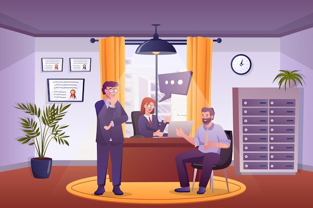 Work interview concept in flat cartoon design job applicant talks to hr team managers in office