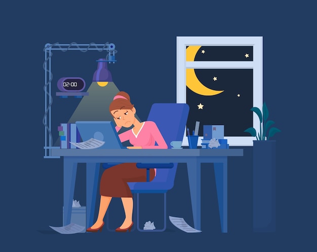 Vector work late concept worker burnout exhausted businesswoman in office at night manager at workplace working with computer tired decent vector character