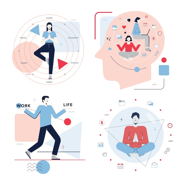 Work life balance concept set. Career and personal life on a scales. Equilibrium between rest and job. Abstract comparison of time spent. Flat vector illustration