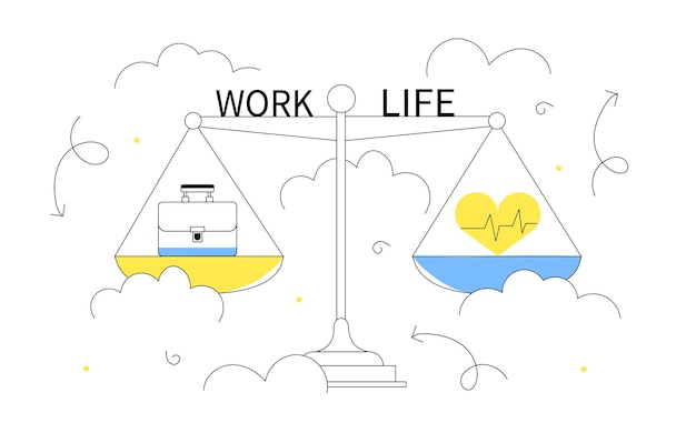 Vector work life balance line concept scales with heart and briefcase and inscriptions prioritization efficient organization of workflow and time management linear flat vector illustration