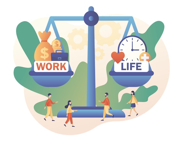 Vector work and life balance tiny people keep harmony choose between career and money versus love and time