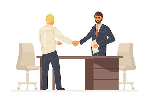 Work meeting interviewing company director with candidate for vacancy shaking hands with director