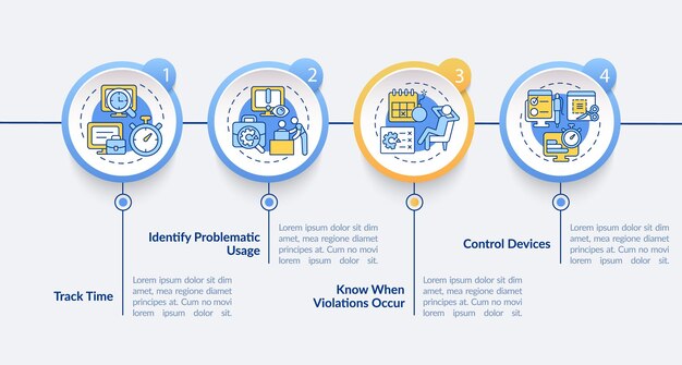 Modello di infografica vettoriale di monitoraggio del lavoro. elementi di progettazione del profilo della presentazione del monitoraggio del lavoro. visualizzazione dei dati con 4 passaggi. grafico delle informazioni sulla sequenza temporale del processo. layout del flusso di lavoro con icone di linea