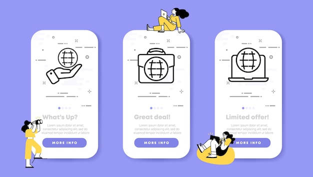 Работа онлайн набор иконок рука планета портфель ноутбук сотрудник интернет удаленный бизнес-концепция ui телефонные приложения экраны с людьми значок векторной линии для бизнеса и рекламы
