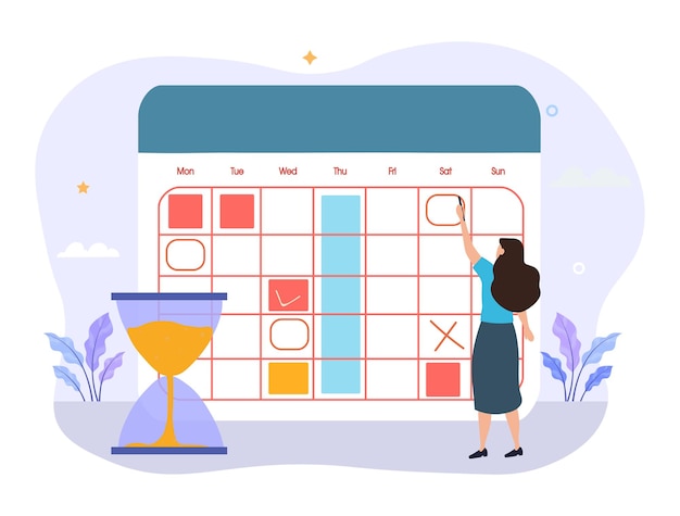 Вектор Концепция организации работы женский характер круг дата на огромном календаре планирование важного вопроса