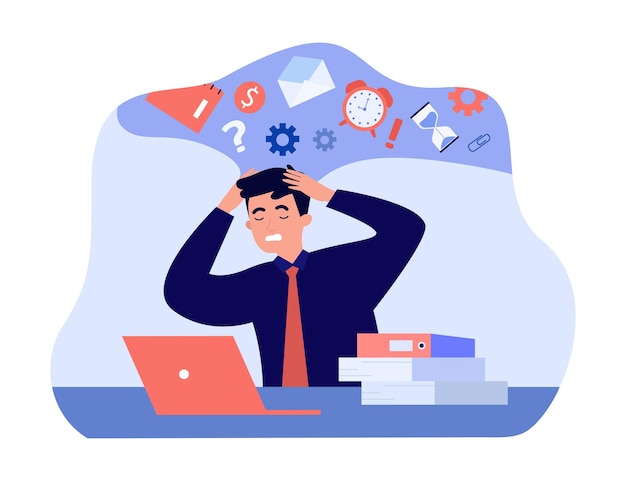 Vector work overload of tired employee working lot in office. excess of paperwork for overwhelmed man flat vector illustration. burnout, multitasking concept for banner, website design or landing web page