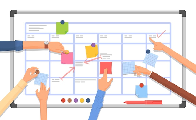 Work planning board arm with marker business project collaboration plan time management office schedule and task whiteboard decent vector concept