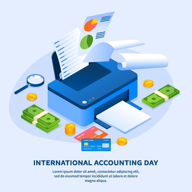 Work printer accounting day concept background Isometric illustration of work printer accounting day vector concept background for web design