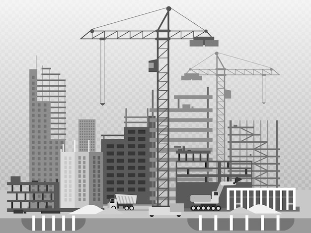 Vector work process of buildings construction and machinery isolated on transparent