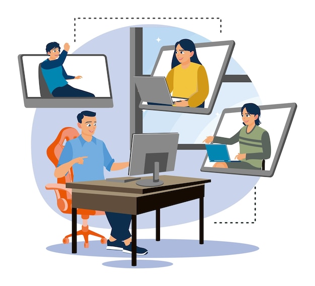 the work process with manager and employees in front of the computer