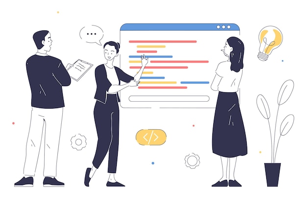 work at project together doodle man and women write code development of programming and application