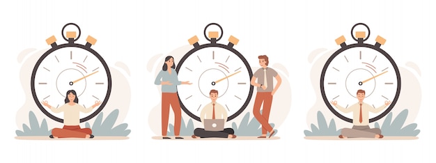 Управление временем работы. деловые люди, работающие с секундомером, быстрыми задачами и набором иллюстраций остановки времени