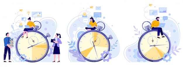 Vector work rate time management. working hours timer, productivity timekeeper and team people working on laptop flat illustration set. office workers cartoon characters sitting on stopwatch