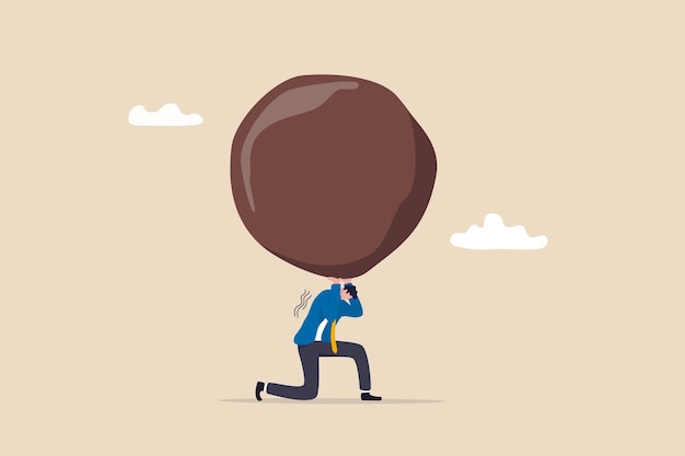 Work responsibility pressure or problem debt burden or difficulty challenge struggle or overworked effort or punishment concept tired businessman carry heavy weight rock boulder in atlas pose