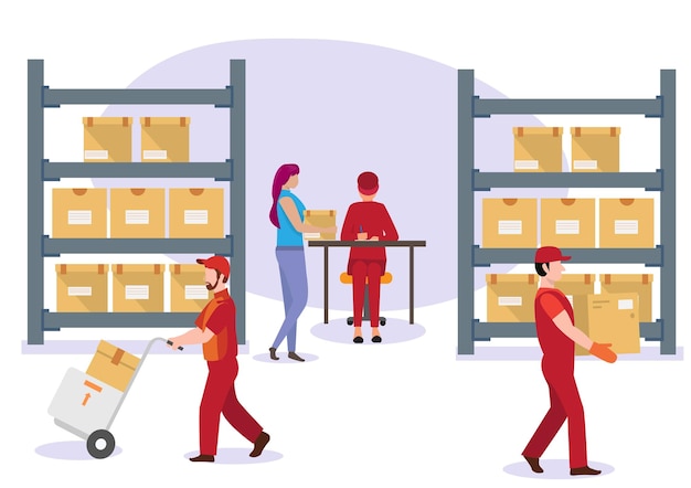 Vector work of separating parcels of the warehouse both delivery staff and the staff who pays the parcel