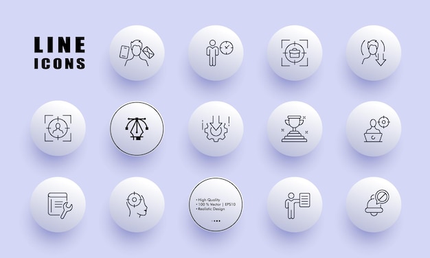 Work set icon aspirations target audience contact us book wrench winners cup gear clock arrow book internet turn off bell business concept neomorphism vector line icon for business